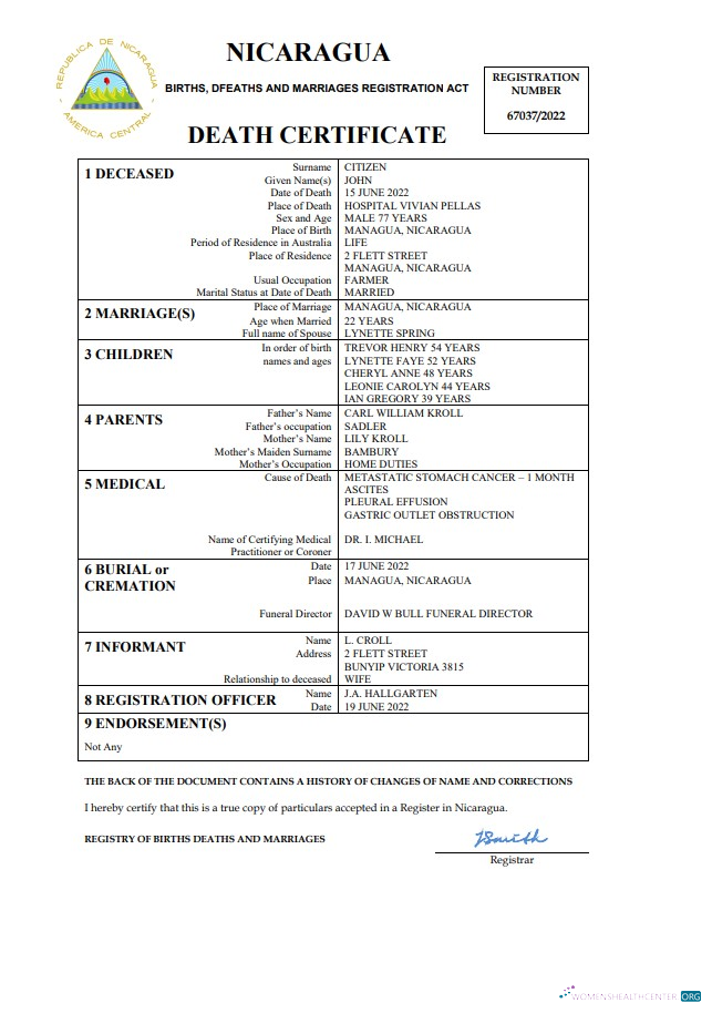 Download Nicaragua vital record death certificate Word and PDF template Photoshop template